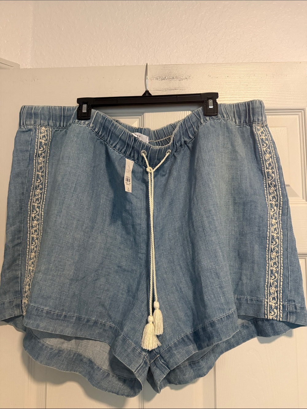 LOFT Light Blue Embroidered Drawstring High-Waist Shorts